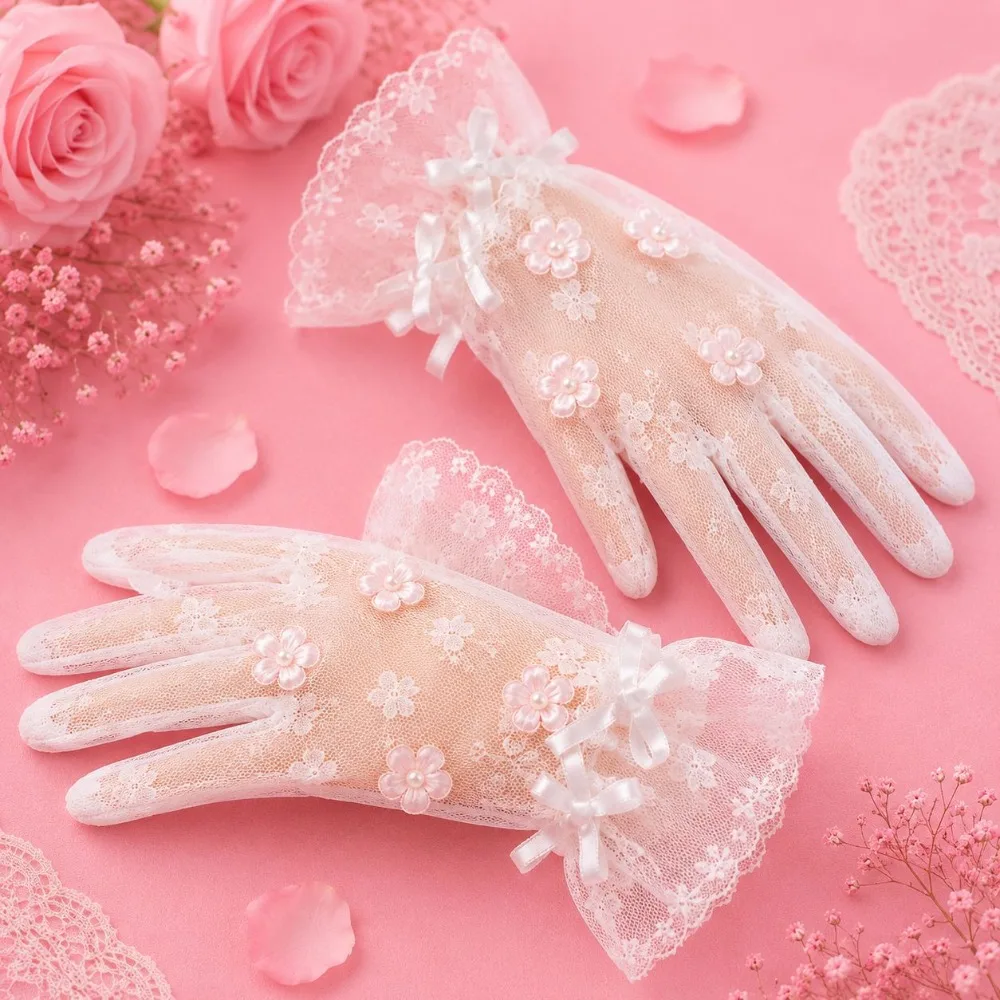 Lolita Lace Mitten Gloves Bow Lace Bridal Wedding Tea Party Matching Color Apparel Accessories Mittens for Women Elastic Net