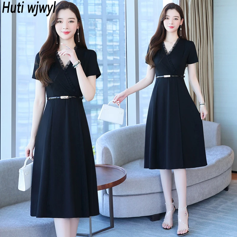 2024 coreano Vintage Casual Party Dress estate elegante aderente Sexy Solid Dress donna nero Hepburn scollo a v Office Lady Midi Dress