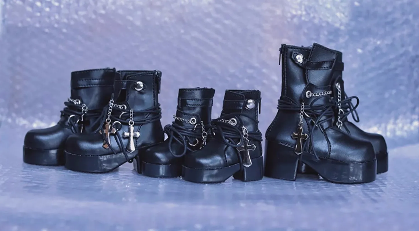 Bjd Doll shoes  suitable for 1/4 1/3 Uncle size Black punk Cross short Boots Leather doll accessories