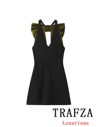 TRAFZA Sexy Chic Black Women Dress Bow V-Neck Halter Sleeveless Velvet Straight Mini Vestidos Fashion 2024 Autumn Party Dress