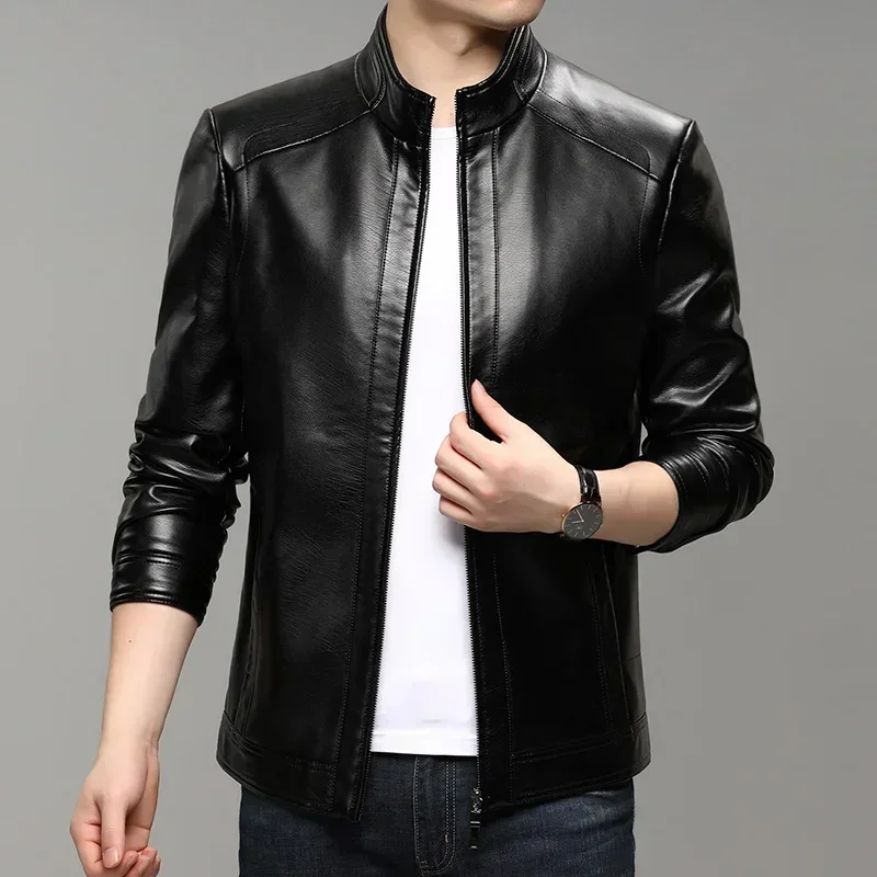 

COZOK autumn and winter new men's leather jacket top slim soft leather stand collar jacket men's clothing