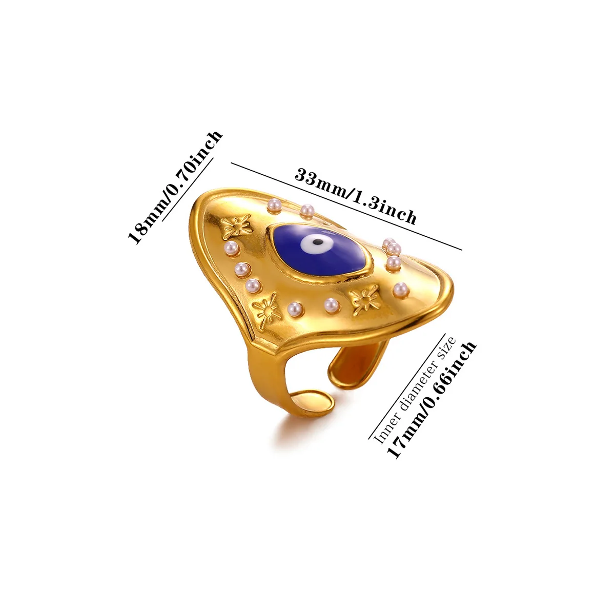 Punk Blue Evil Eye Signet Rings for Women Stainless Steel Oval Star Imitation Pearl Wide Ring Amulet Protection Jewelry