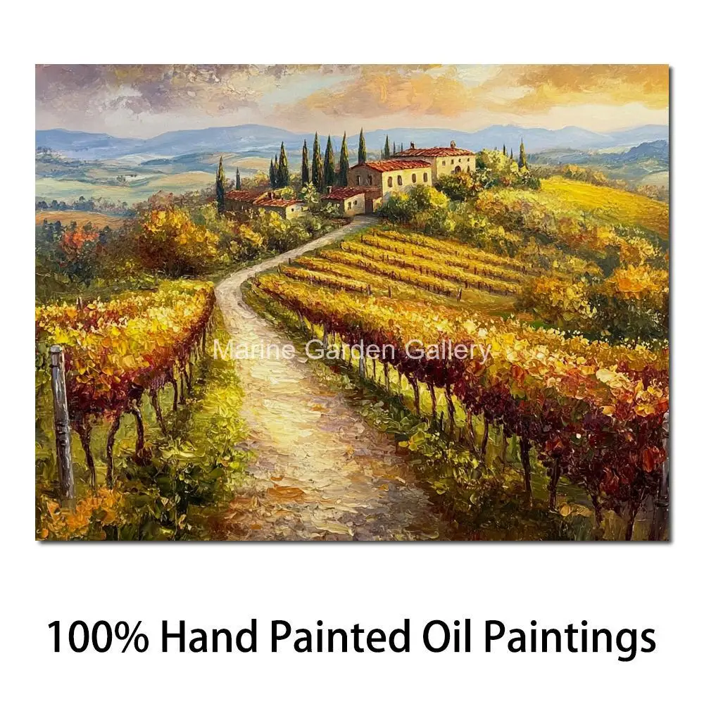 Textured Canvas Art Handmade Oil Painting Wall Picture Vineyard in Tuscany Contemporary Landscape Artwork New House Home Decor