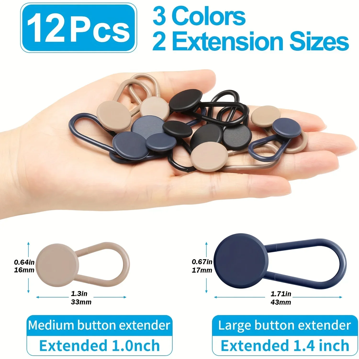 Easy-Adjust 4/12-Pack No-Sew Jean Waist Extenders - Adjustable Pants Button Expanders Adds 1-1.4 Inch Unisex In Khaki/Blue/Black