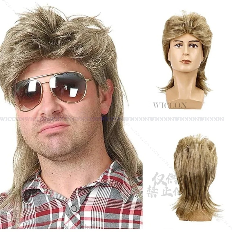 Anime Men's 70's 80's Punk Rock Party Synthetic Long Blonde Wig Cosplay Halloween Mullet Head Wig High Disco Wig + Wig Cap Cos