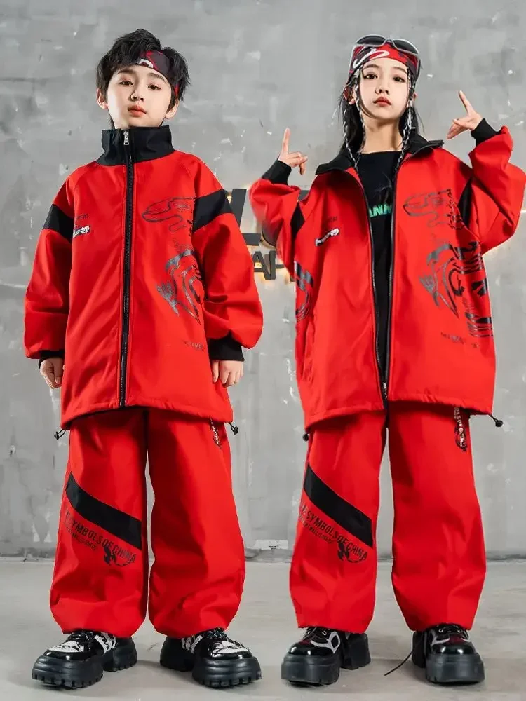 Veste et pantalon Hip Hop rouges de style chinois pour enfants, vêtements de scène pour filles, vêtements de danse jazz, trempés pour enfants, 2024