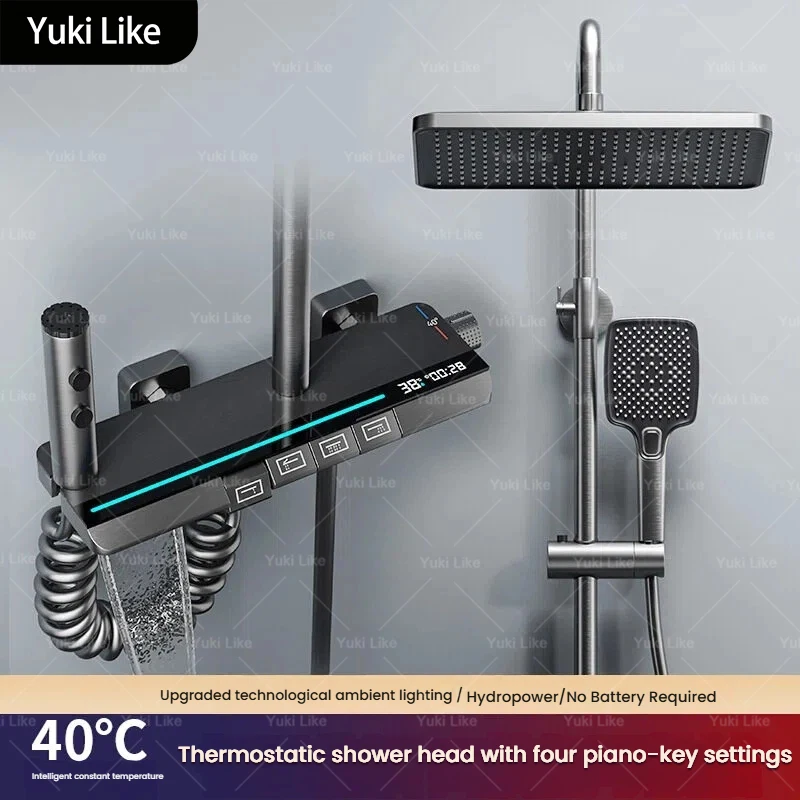 

Gun Gray Piano Keys Digital Display Shower System Set Household Pressurized Thermostatic Multifunctional Showers for Bathroom