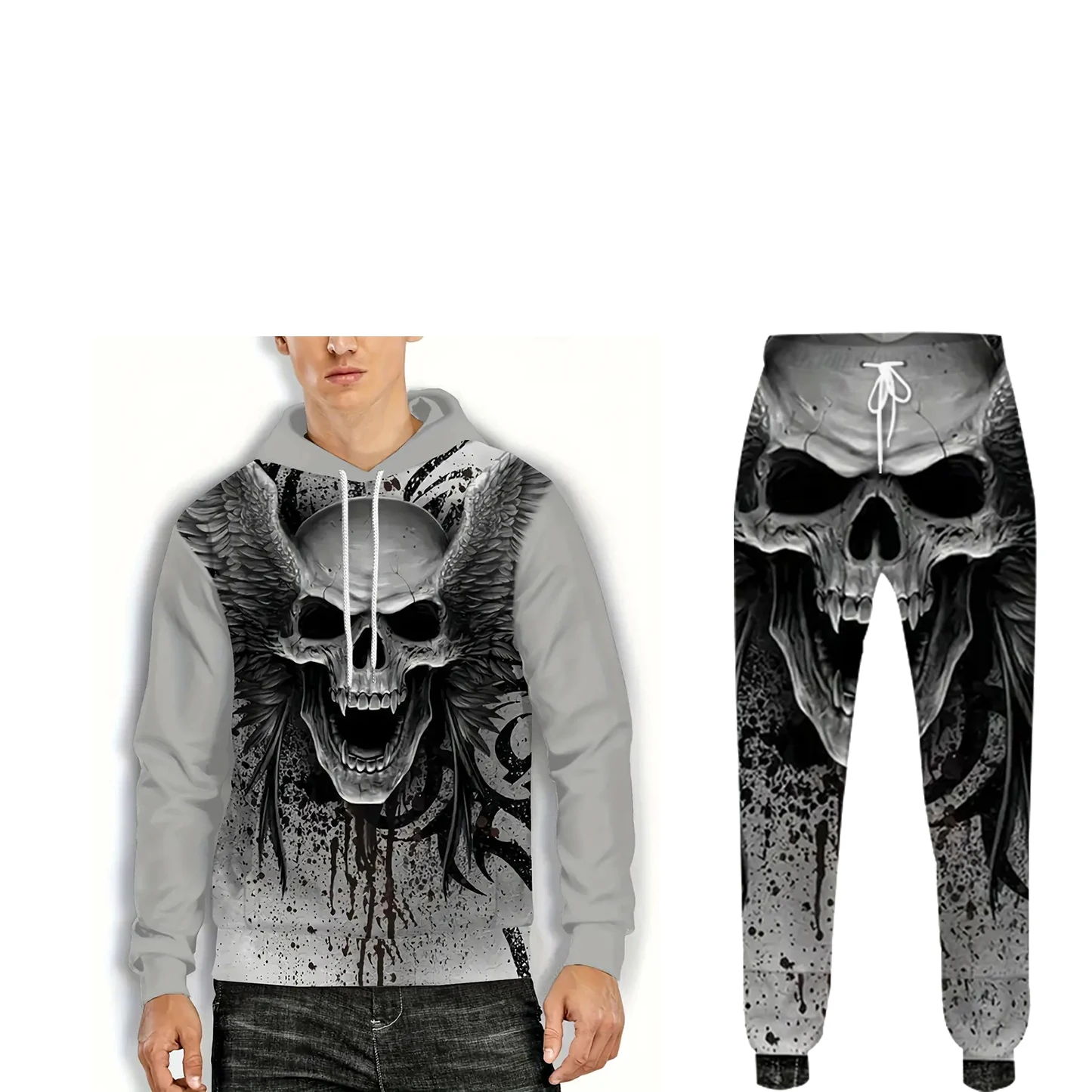 

3D Printed Skull Wings Two-Piece Pullover for Men Fall/winter Casual Street Retro Men's Sportswear Fashion Sweatshirt