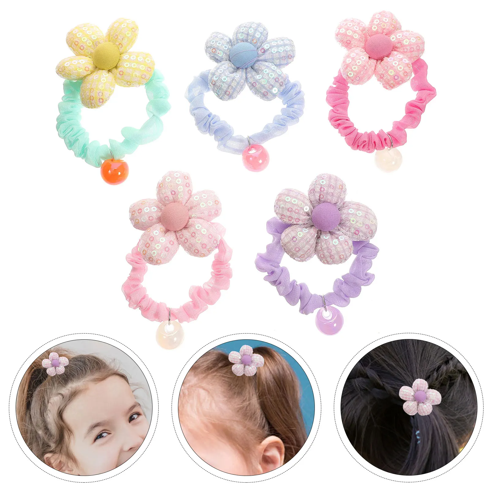 

5 Pcs Sequin Flowers Hair Circle Accessories Elastic for Girls Multicoloured Bands Bead