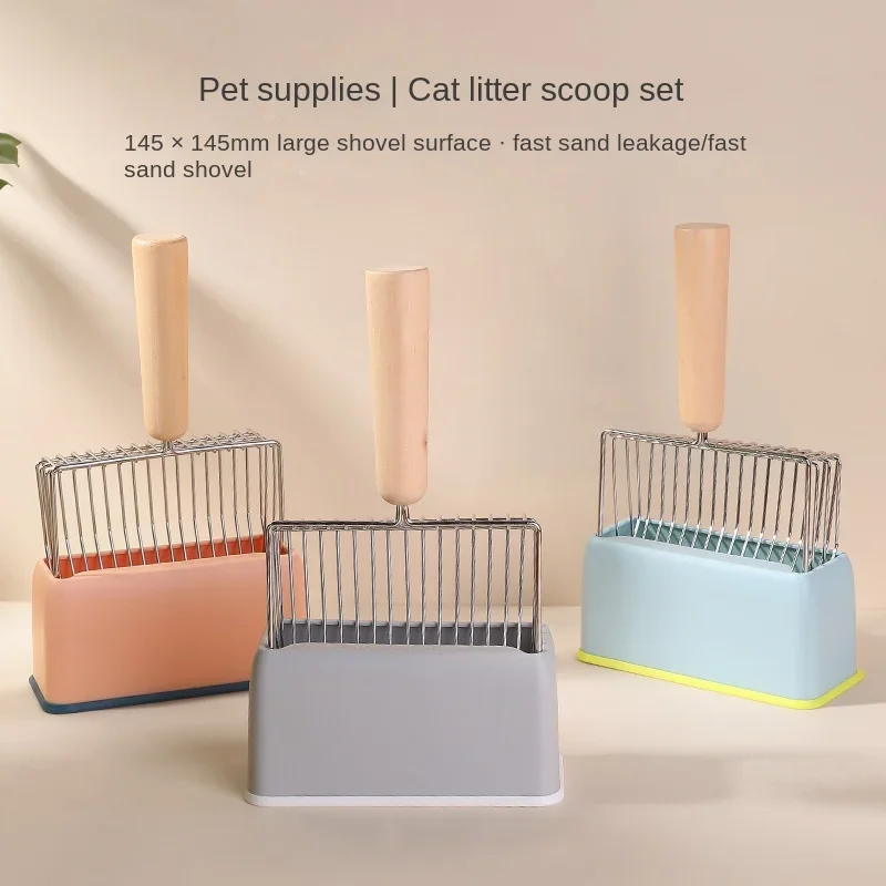 Cat Litter Shovel Set Candy Color Large Wooden Handle Cat Toilet Cleaning Cat Poop Scoop Tools Pet Cleaning Accessories Supplies