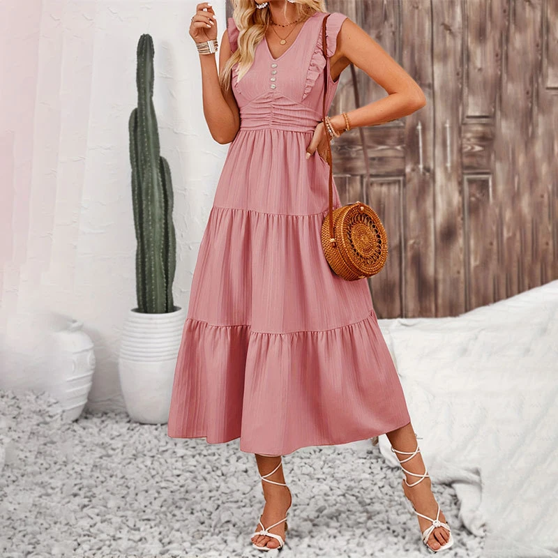 Robe longue élégante à volants pour femmes, col en v, couleur unie, taille haute, sans manches, Jacquard, décontractée, ligne a, été