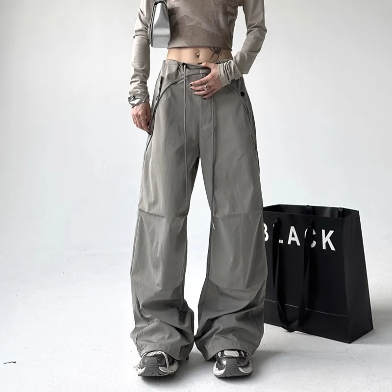 2025 Spring Summer New Women's Cargo Pants Loose Wide Leg Style Oversized Sporty Long High Waist Straight Trousers
