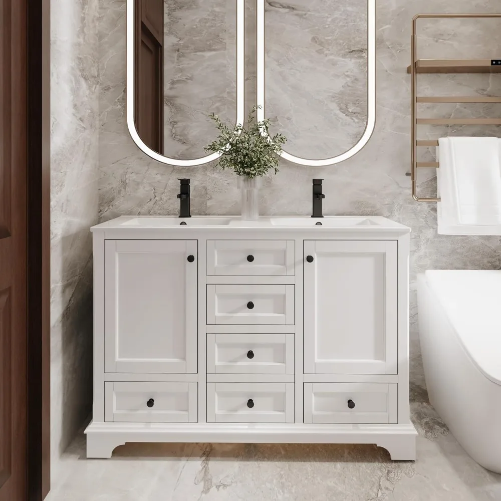 

48" Bathroom Vanity with Sink Combo, Vintage Bathroom Vanities Storage Cabinet w/Painted Surface, Raised Arch Feet