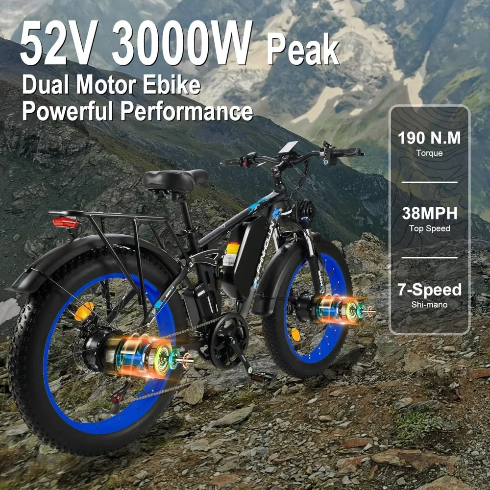 Peak 3000W Fat-Tire Electric-Bike for Adults-Women-Men Electric-Bicycle, 52V 25AH, 38MPH, Full Suspension Ebikes with 24 Inch