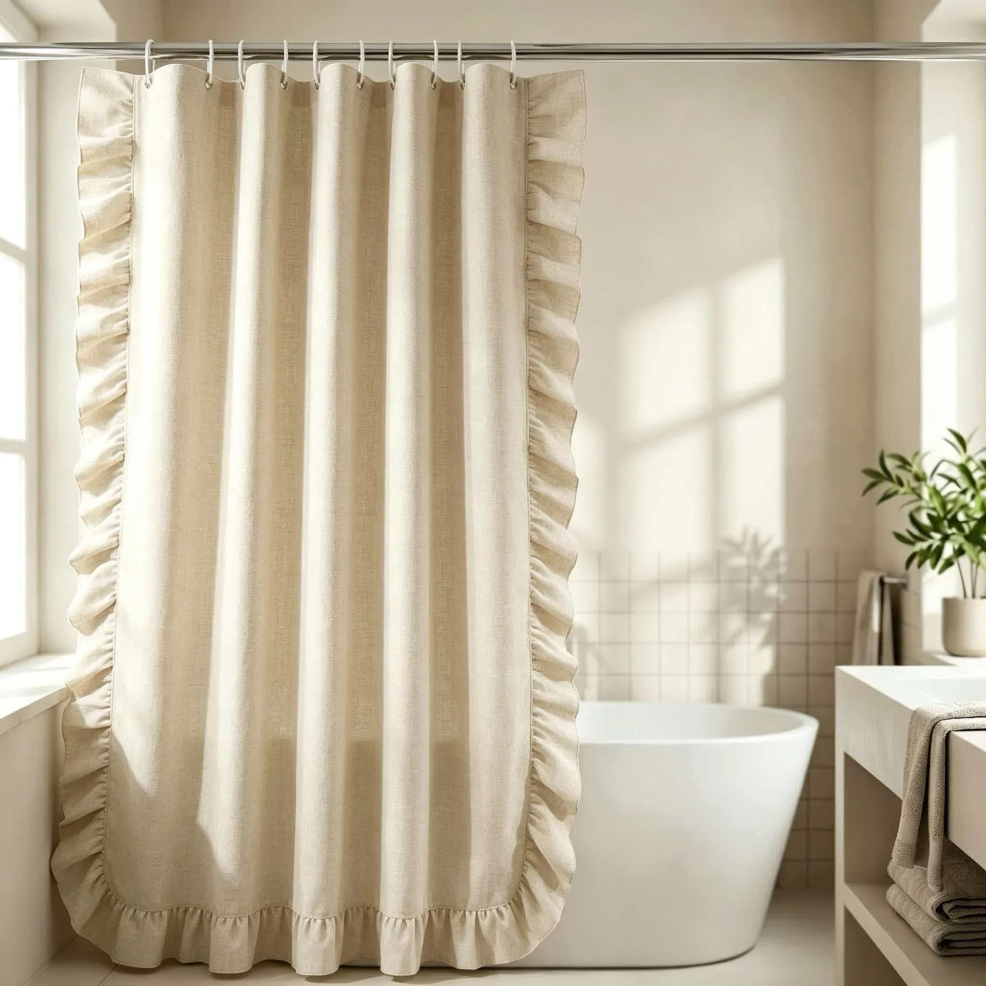Linen Waterproof Shower with Hooks Beige Color Superior Quality Home Hotel Decor Tassels Shower Curtain for Bathroom - view 5