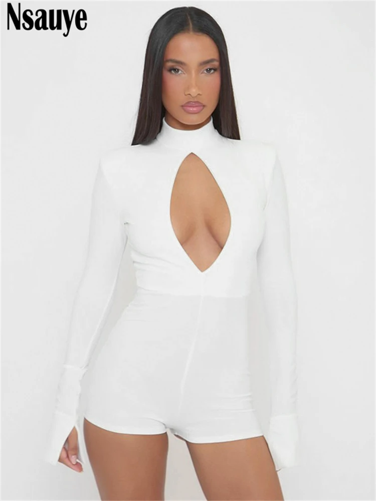 Nsauye manica lunga skinny scava fuori moda donna a vita alta sexy night club pagliaccetti tutina tuta intera top 2025