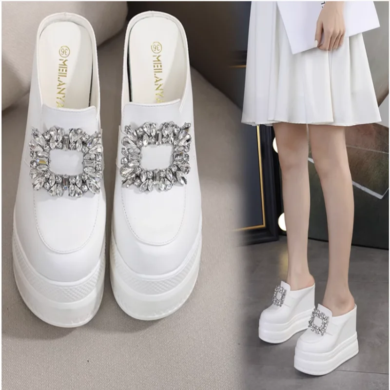 13Cm Super High Heels Peep Toe Women Slippers Brand Design Embroidery Wedge Platform Sexy Slides Models Nightclub Show Sandals