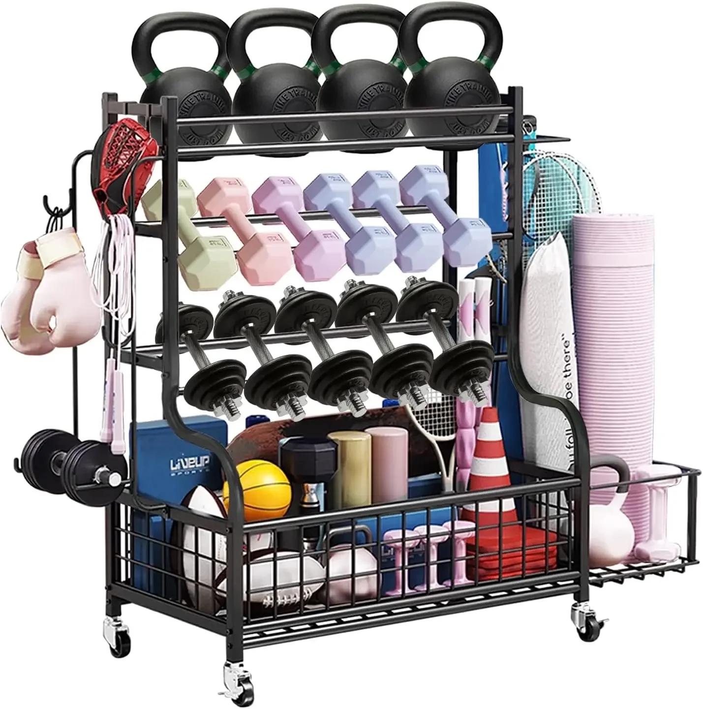 Dumbb Weight Rack for Kettlebells, Storage Holder for Yoga and Workout Equipment, Home Gym Storage Rack with Wheels and