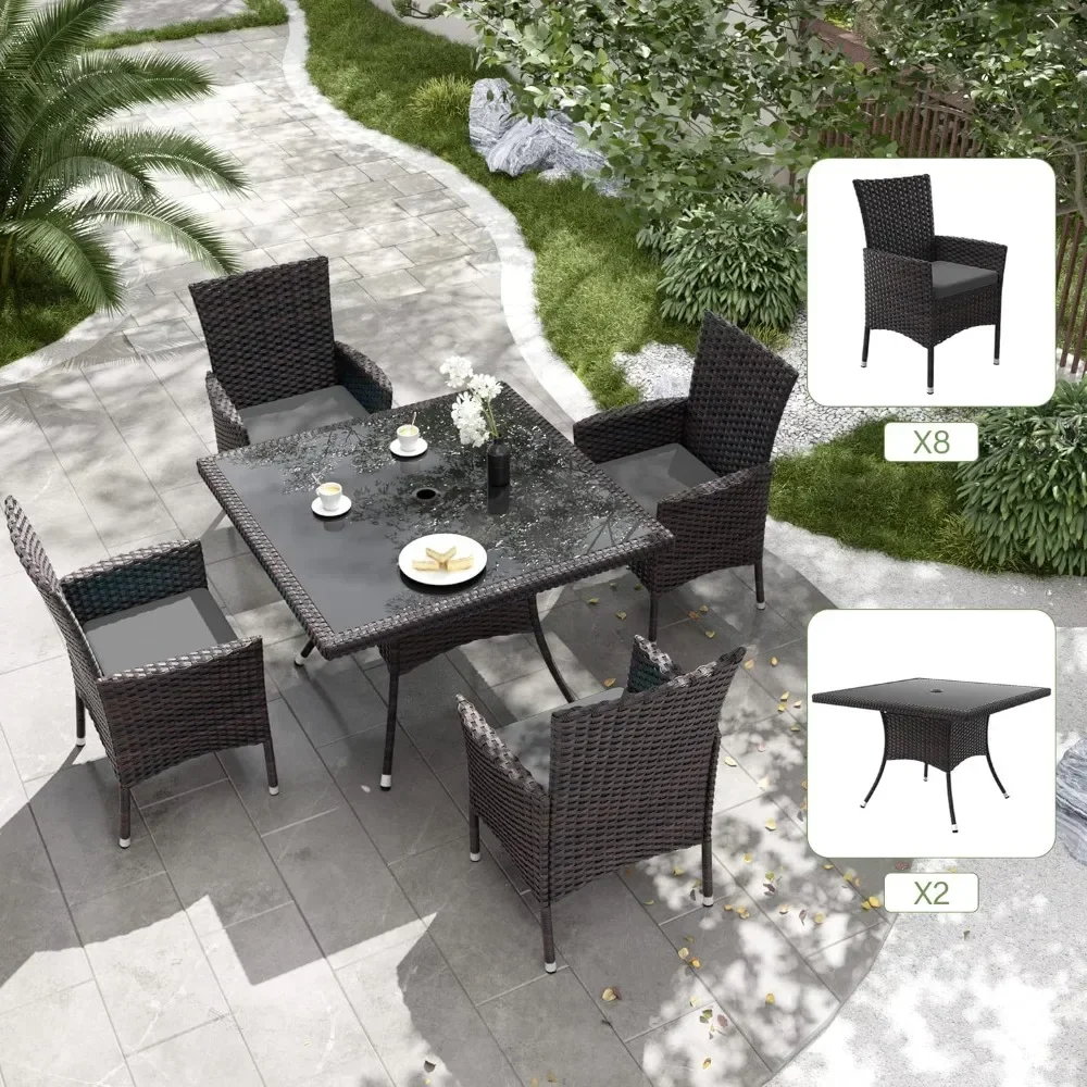 Wicker Rattan Patio Furniture Set of 8 Chairs With Soft Cushions and 2 Square Tables With Umbrella Cutout Grey Outdoor Chair