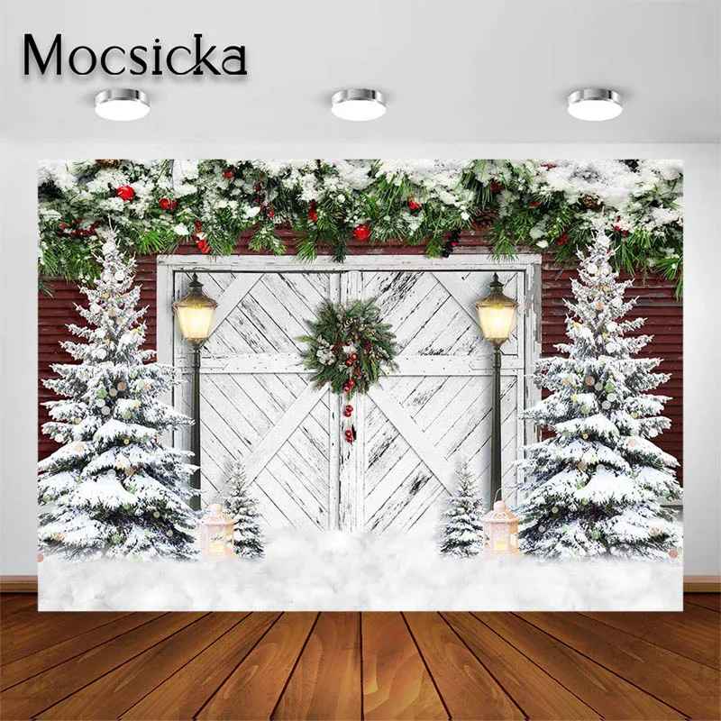 Mocsicka Winter Photography Backdrop White Wooden Rustic Doorway Street Light Background for Portrait Photo Studio Props Banners