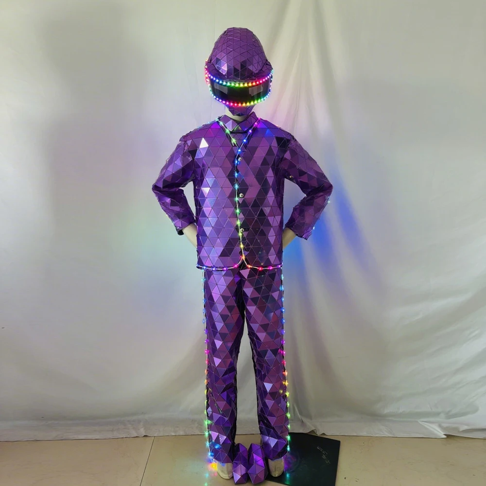 

Фиолетовый зеркальный сшитый сценический светодиодный костюм с подсветкой, зеркальный мужской костюм для дискотеки, мужской костюм на Хэллоуин, зеркальный шлем, костюм для косплея