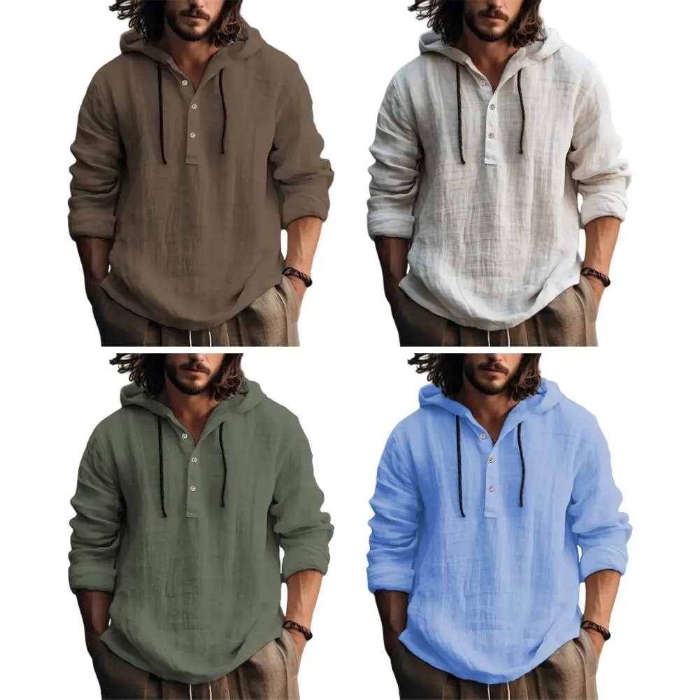 Men Shirts Hoodie Blouse Long Sleeve Buttons Pullover Solid Comfortable Cotton Linen Casual Loose Holiday Shirts Male Tee Tops