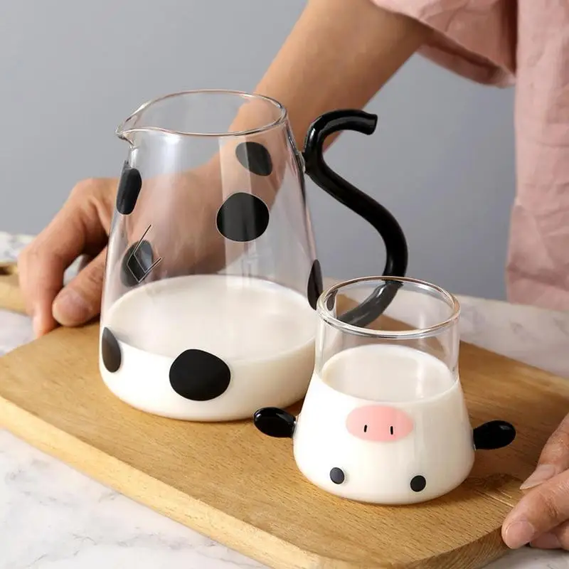 

Cute Cow Shape Glass Jug Heat-Resistant Cartoon Cute Cow Shape Tea Pot and Cup Set Water/Milk Cold Kettle Coffee Pot