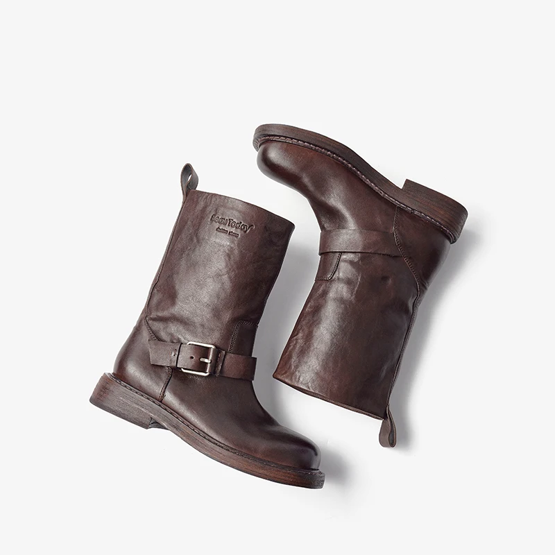 BEAUTODAY Mid-Calf Boots Women Genuine Horse Leather Sewing Design Solid Color Slip-on Ladies Shoes Handmade 03158