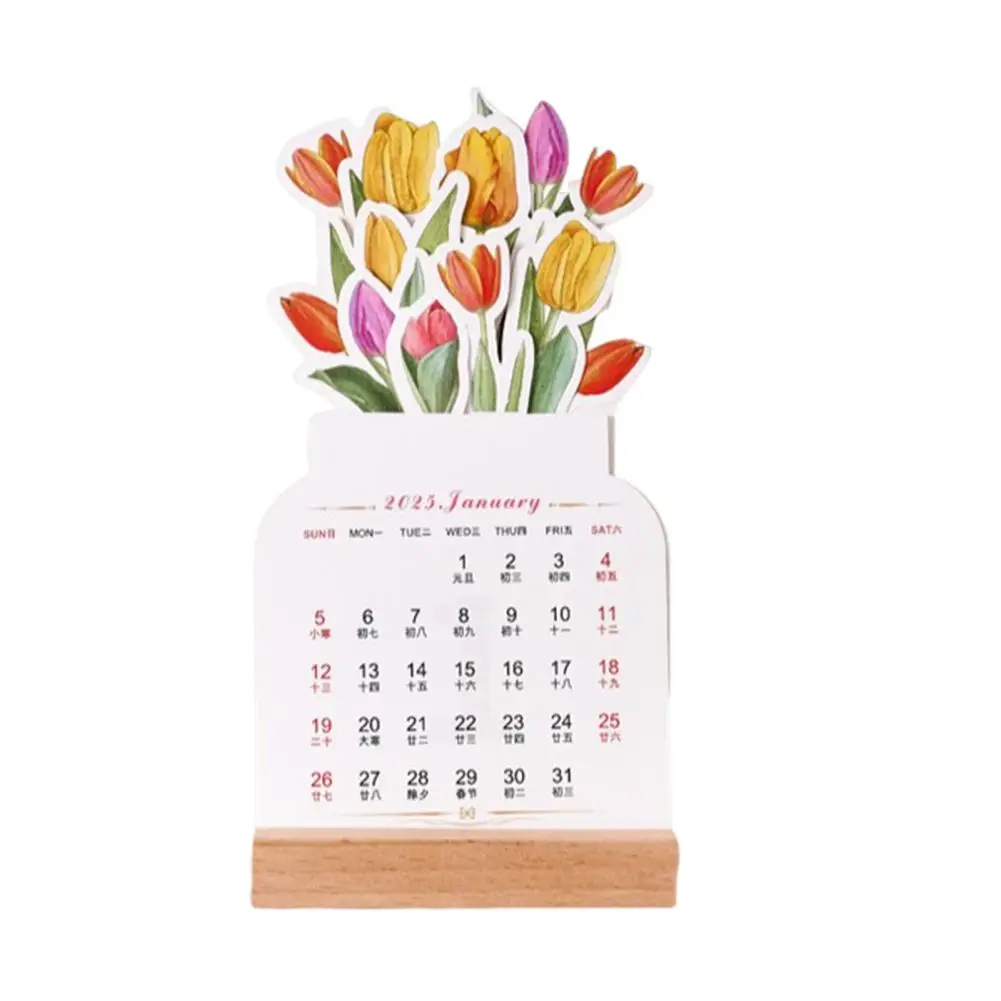 Настольный календарь на 2025 Съемные карты Настольный календарь с цветущими цветами на 2025 год с деревянной основой Ежемесячные карточки для дома для закладок