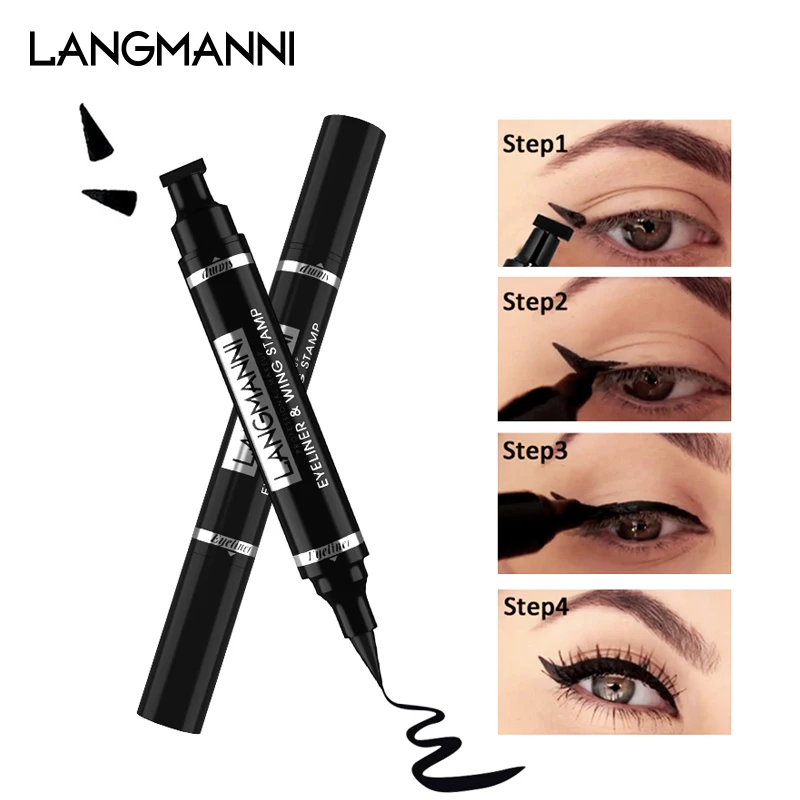 Dual-Ended Stamp Eyeliner Pen, 2-in-1 Waterproof and Smudge-Proof Black Eyeliner with Triangular Tip, Long-Lasting Precision