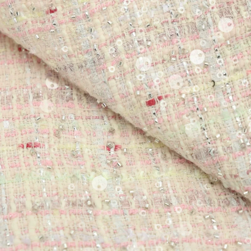 Light Pink Sequin Shimmering Beaded Silver Weave Fabric Blazer Coat Suit Tablecloth Apparel Handmade Sewing DIY Craft Material