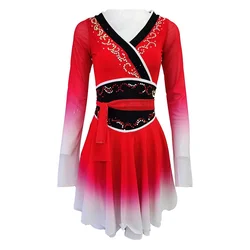 LIUHUO Women Girl Ice Figure Skating Competition Mulan Dress High Stretch Long Sleeve Ded Leotard Costume Roller Dance Teens Kid