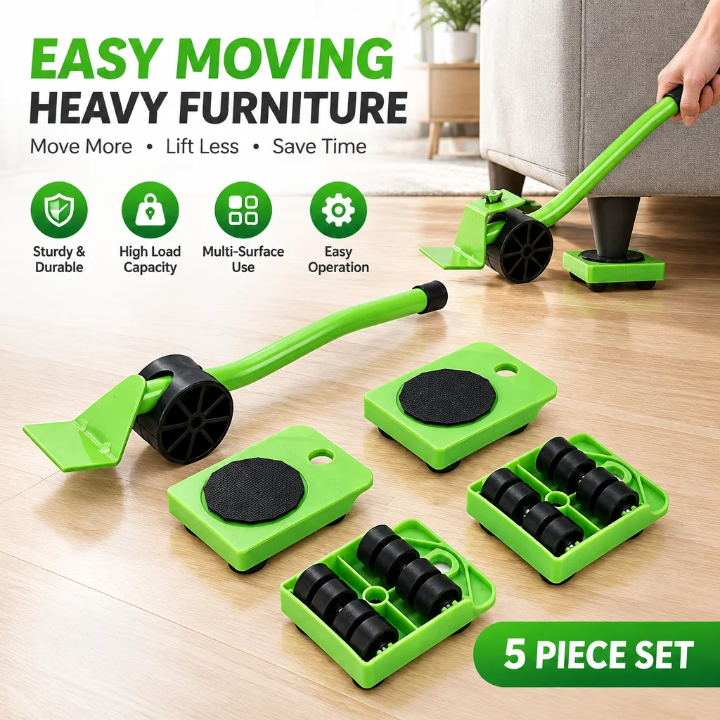 Heavy Furniture Moving Tool Set with Lever-Assisted Lifting and Non-Slip Pads for Effortless Relocation of Appliances and Wooden