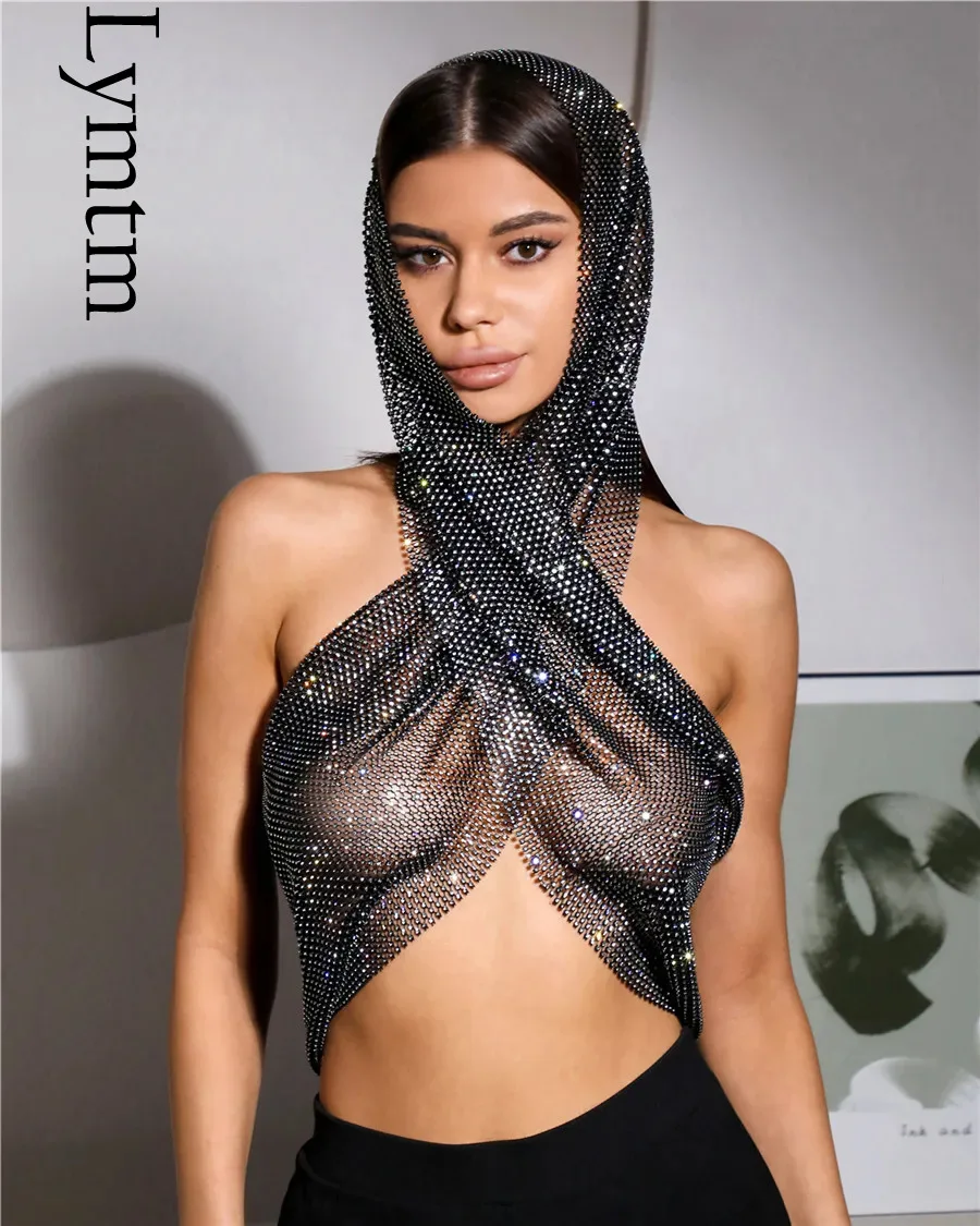 Shiny Rhinestone Hooded Camisole For Women Sexy See Through Hollow Out Fishnet Crop Top Rave Festival Nightclub Tank Top