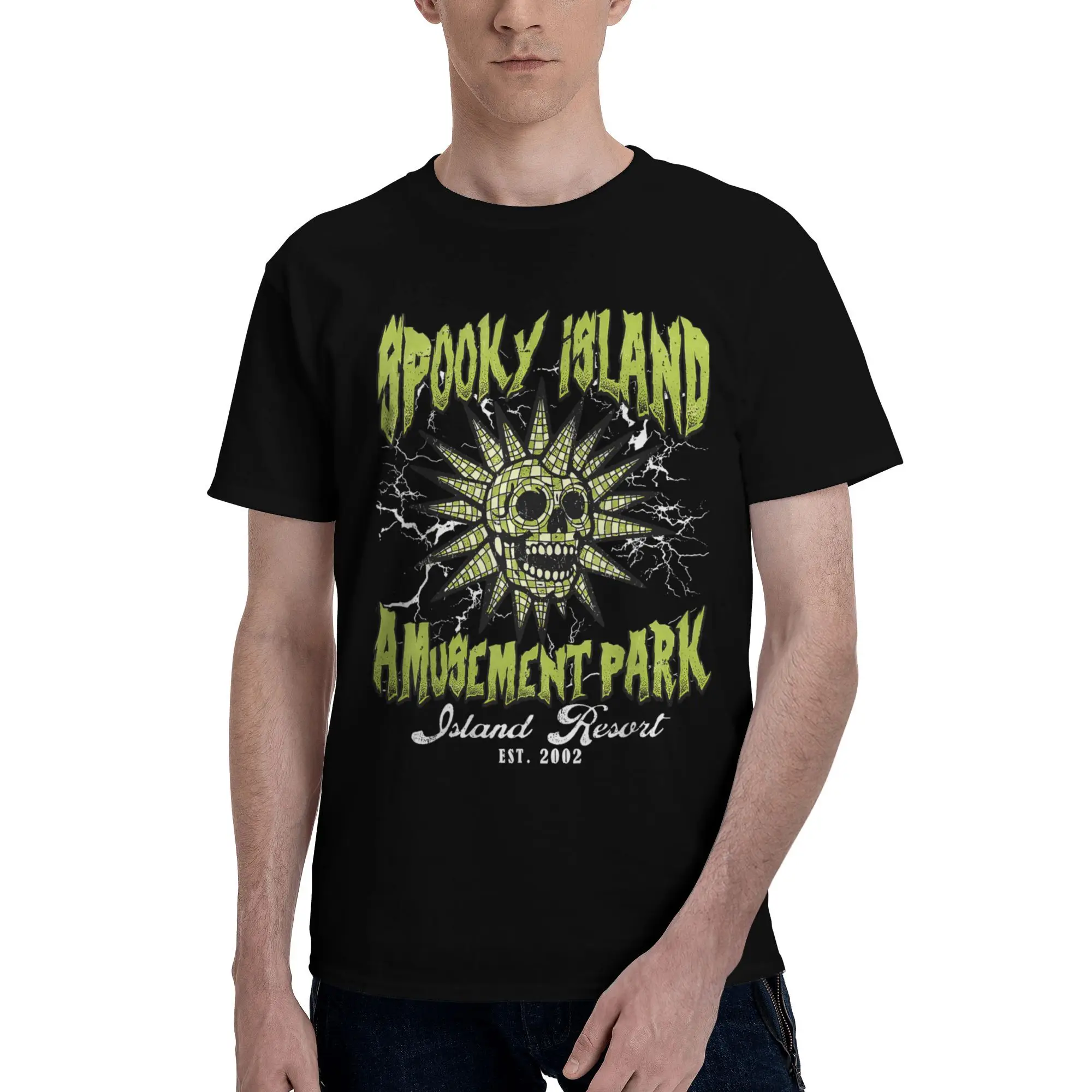 

Spooky Island Est 2002, футболка с черепом в парке развлечений, летние футболки в стиле хип-хоп, мужские хлопковые футболки с круглым вырезом, топы с короткими рукавами