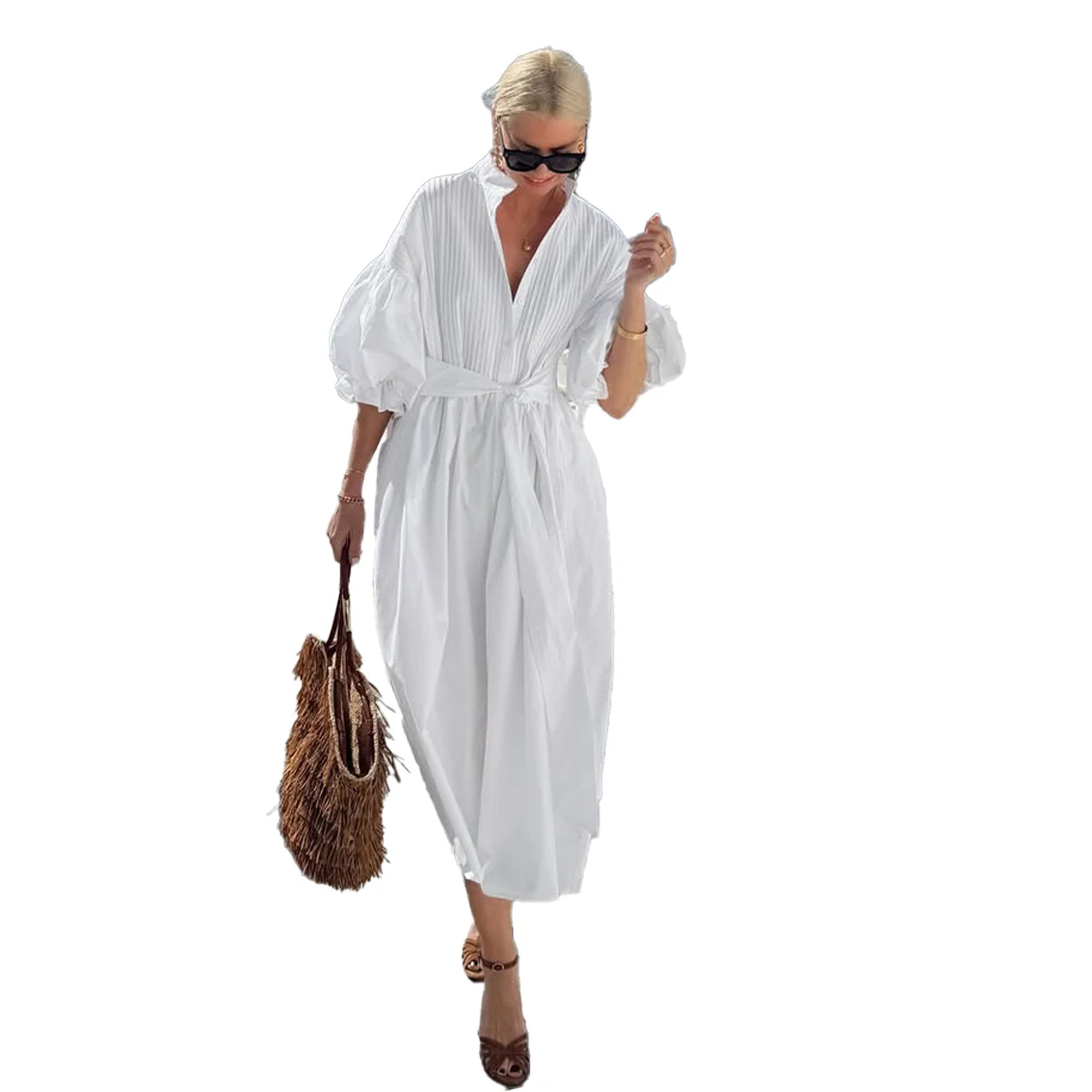 Clacive Modisches, lockeres, weißes Baumwollkleid für Damen, lässiges Midikleid mit Stehkragen und halben Ärmeln, elegantes, klassisches Damenkleid mit Schnürung