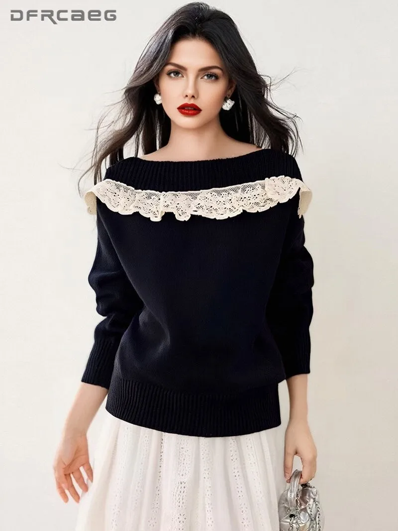 

Patchwork Lace Thick Winter Pullover Sweater For Woman Korean Style Loose Long Sleeve Knit Top Clothes