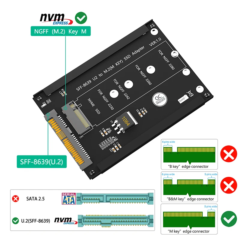 M.2 NVME M Key to SFF-8639 U.2 Adapter Card Riser with Frame Bracket M2 to U2 Converter Supports 2230 2242 2260 2280 M2 NVME SSD