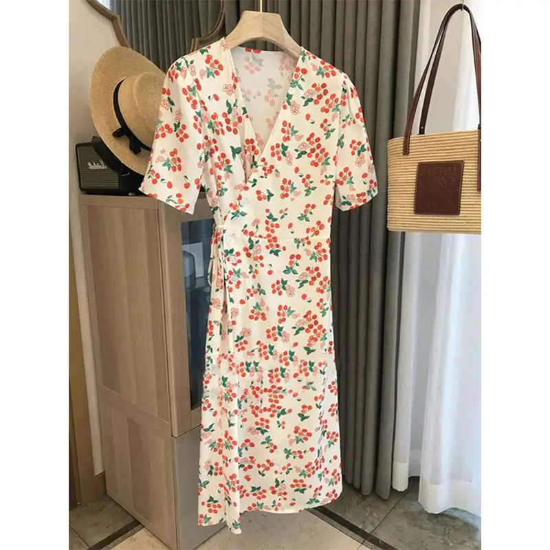 2023 Summer Dress Women\'s Cherry Print V-Neck Wrap Midi Dress Short Sleeve Waist Lace-Up Split Floral Long Fairy Dresses Feamle