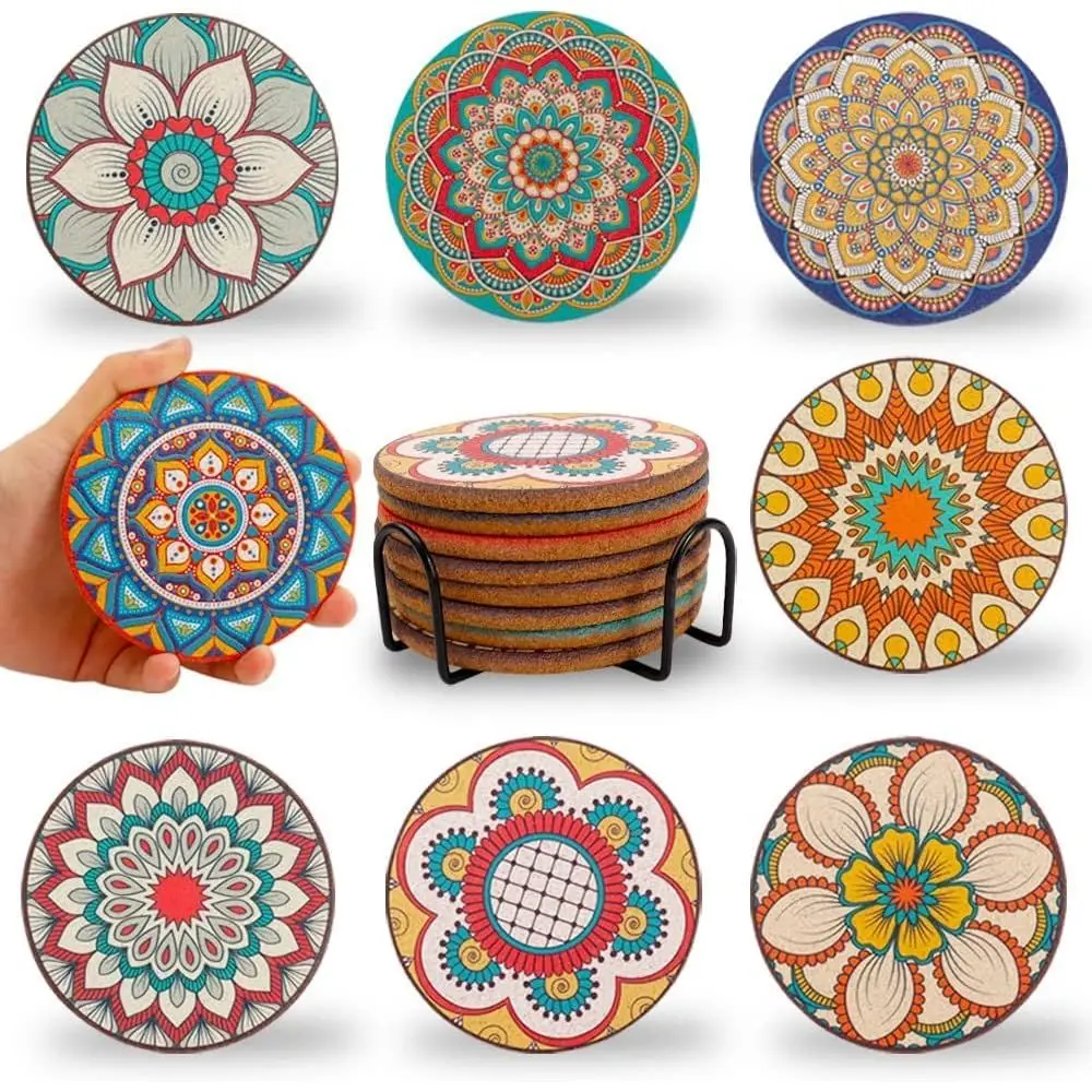 Set of 8 Round Colorful Coasters for Drinks and Plants, Cute Ceramic Coaster with Holder for Home Bar Office Desk, Fun Mandala C