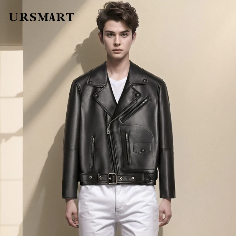 High quality black leather motorcycle suit men's jacket British fashion and handsome sheepskin custom size short jacket