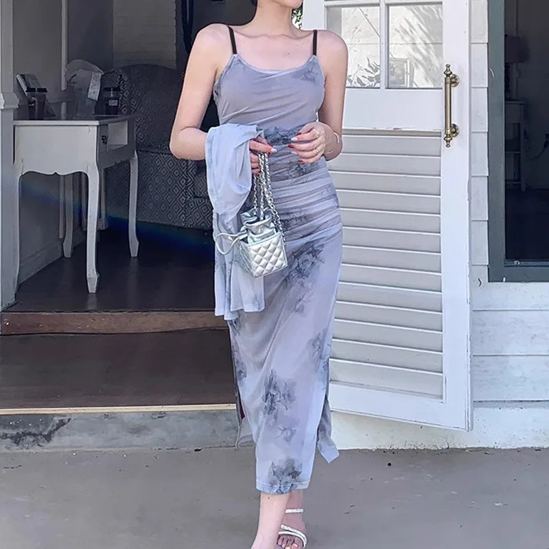 Vestido sem costas sem mangas floral feminino, fenda lateral, cobertura de quadril, plissado, temperamento, elegante, diário, moda sexy