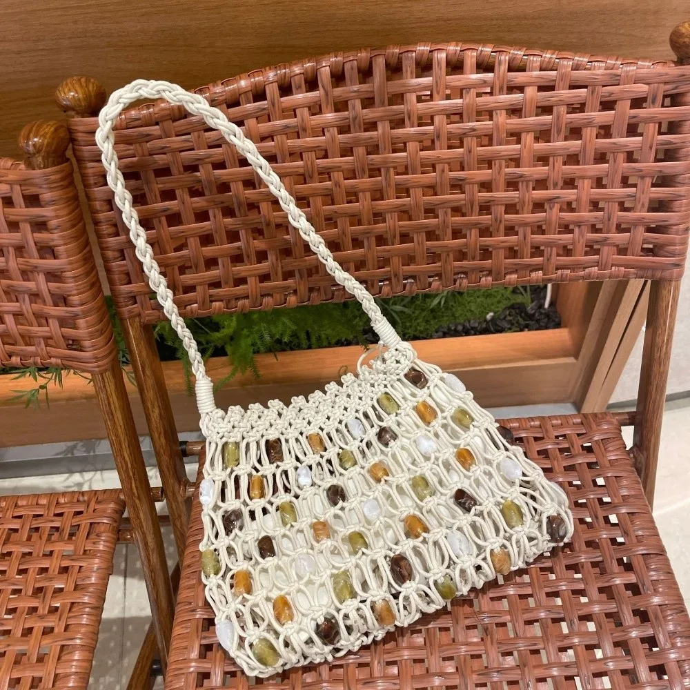 

New Hollow Woven Bead Shoulder Bag Summer Bohemian Crochet Mesh Bag Large Capacity Colorful Tote Bag Outdoor