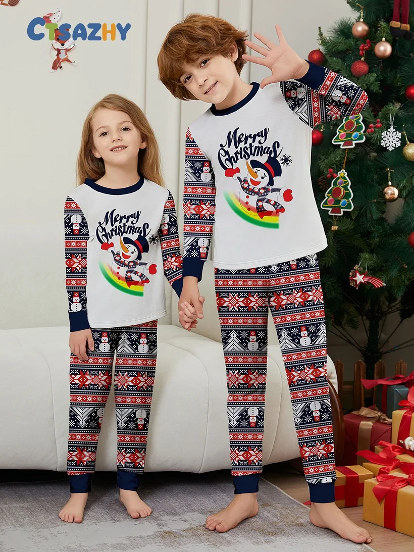 2024 Christmas Matching Family Pajamas Merry Xmas  Snowman Rainbow Pjs Adult Child Clothing Outfit Set Baby Jumpsuit+Dog Clothes