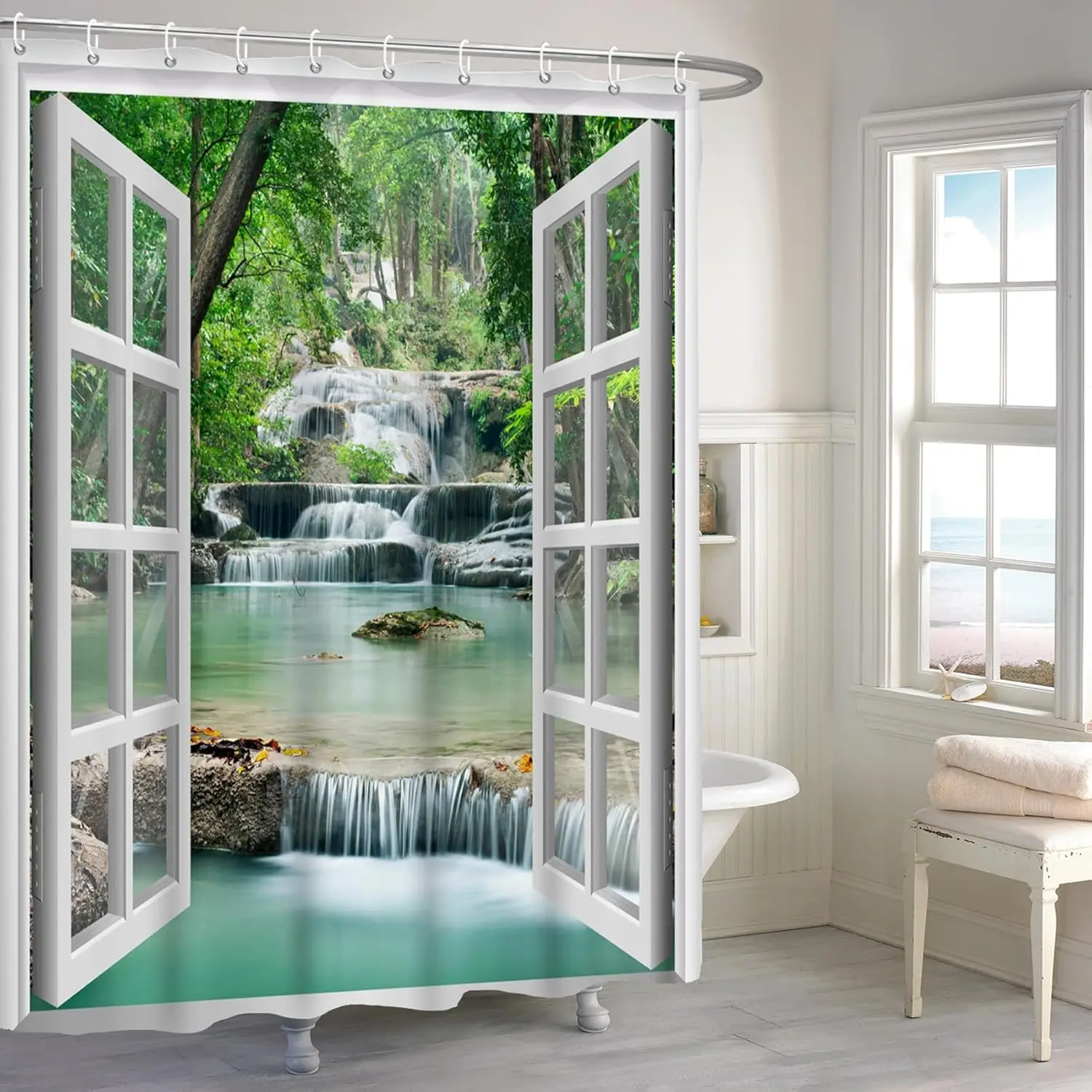 

72x72 Inch Window View Forest Waterfall Shower Curtain Tropical Rainforest Green Trees Nature Landscape with Hooks