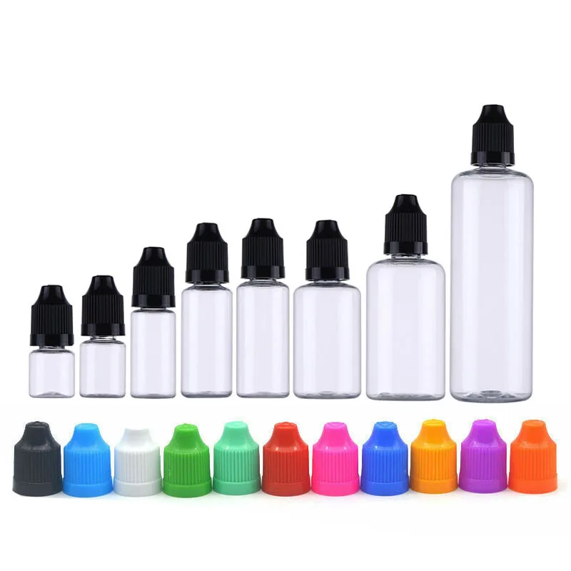 Garrafas conta-gotas de plástico vazias, adequadas para olhos, Óleos Vape Líquidos Espremíveis, Recipientes Recarregáveis de Viagem Reutilizáveis, Atacado, 3ml-100ml, 10Pcs