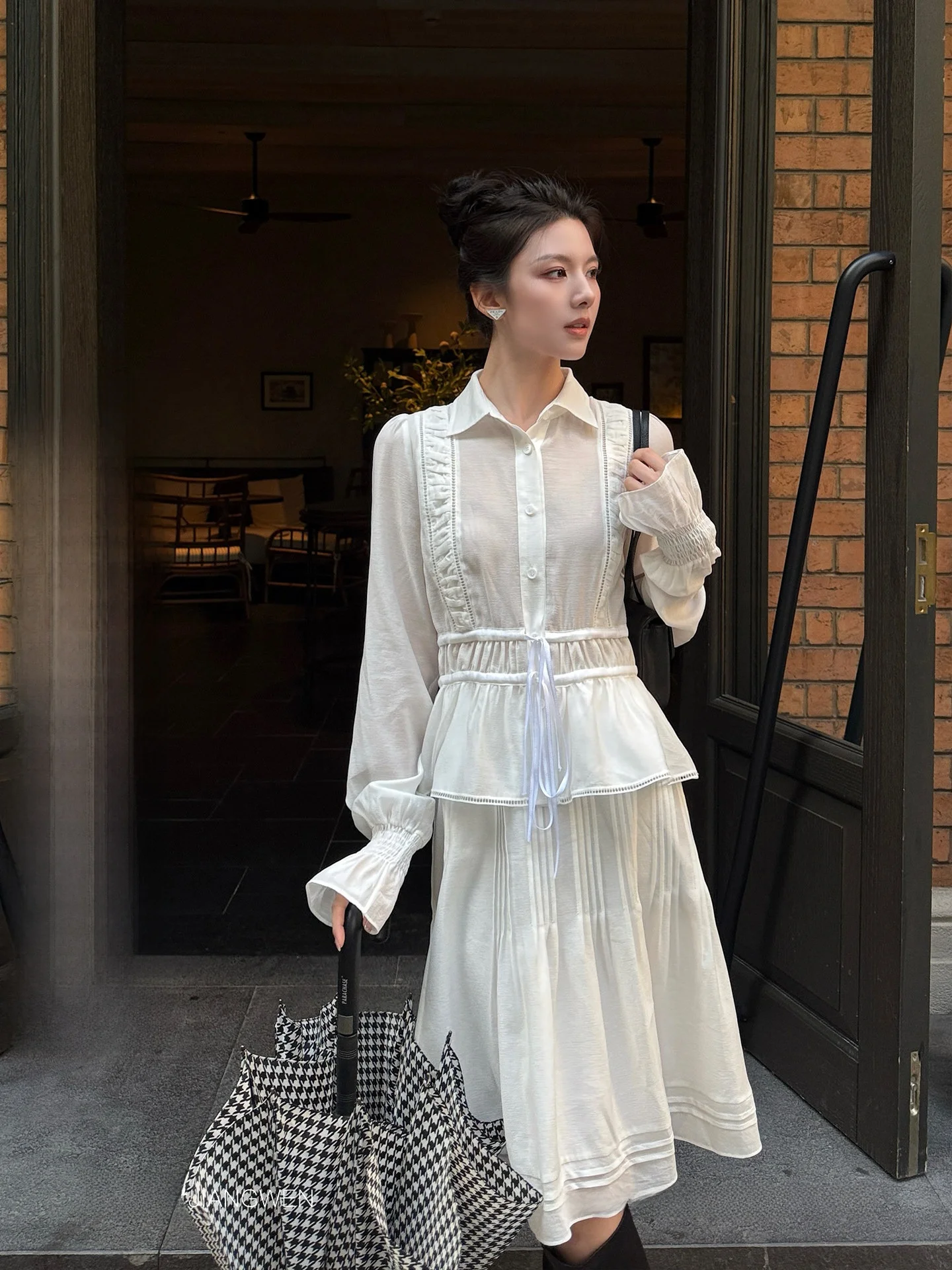 

Sweet irt Skirt Set Qianwen Ouni f Skirt Whole Set Cute Breathable Polyester Fiber Long Sve Flip Collar Stand Fit