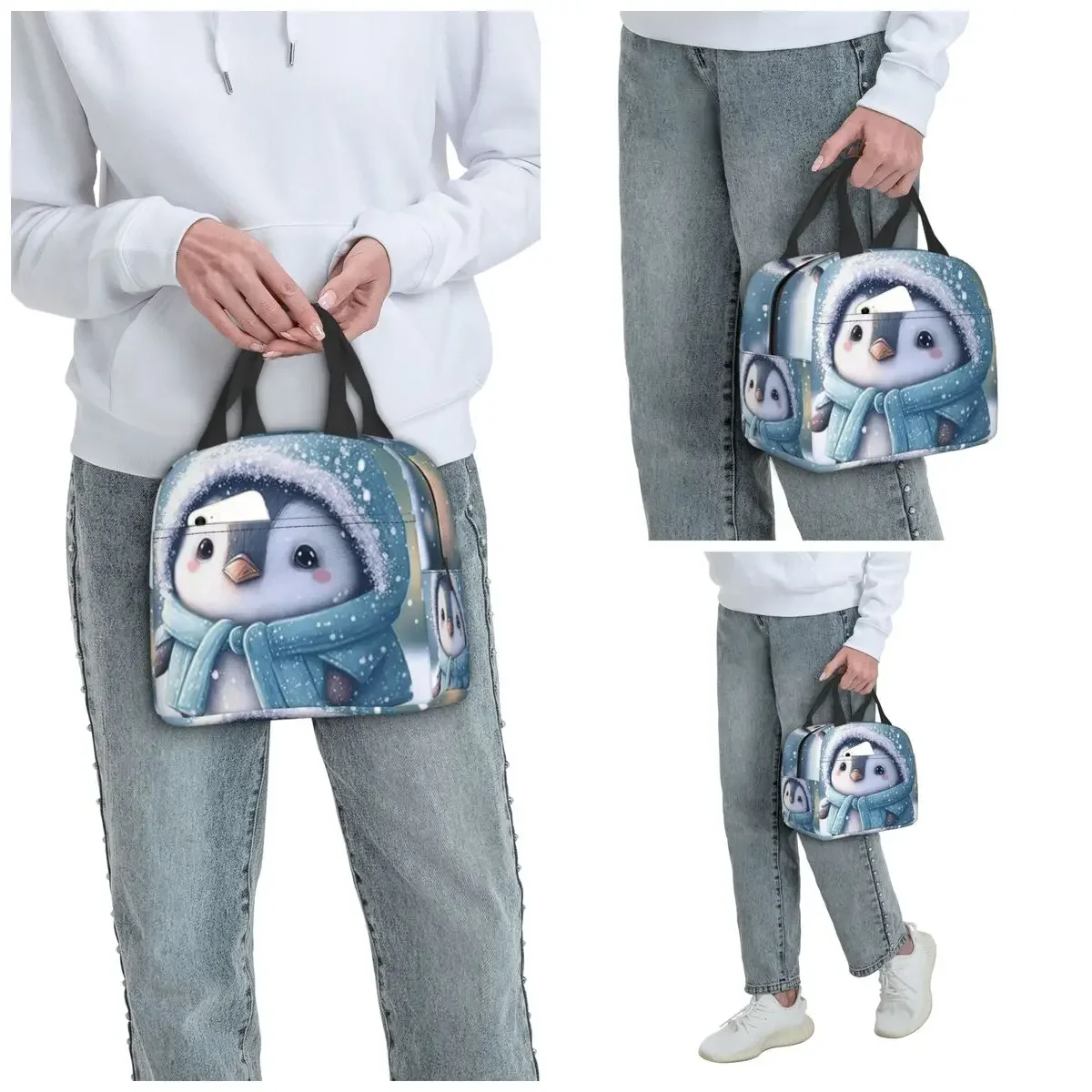 Cute Penguin Baby In The Snow Insulated Lunch Bag for Women Office Cooler Thermal Food Box Tote Portable Lunch Boxes Container