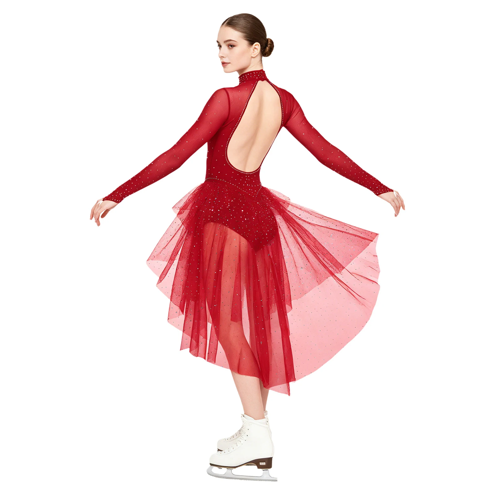 Damen Eiskunstlauf-Bodysuit mit Langen Ärmeln, Strass-Verzierung, Stufenförmigem Rüschen-Tüllrock, Leotard-Jumpsuit für Ballett-Wettbewerbe und Tanzbekleidung – Detail 23