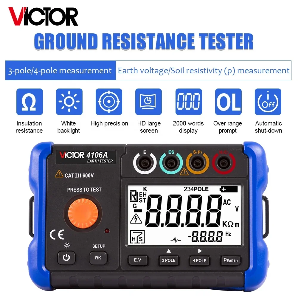 VICTOR AC 4106A True RMS Digital Earth Resistance Tester 3 Pole 4 Pole Method Measurement